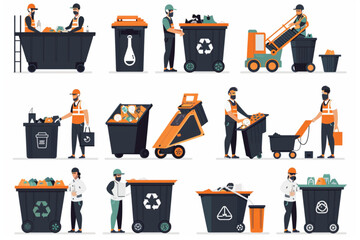 Garbage recycling conveyor. Waste recycling plant workers sorting trash. Waste separation process. People working in ecological production 3D avatars set vector icon, white background, black colour ic