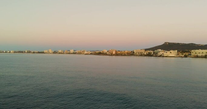 drone aerial from the city of calla millor at Mallorca at sunrise