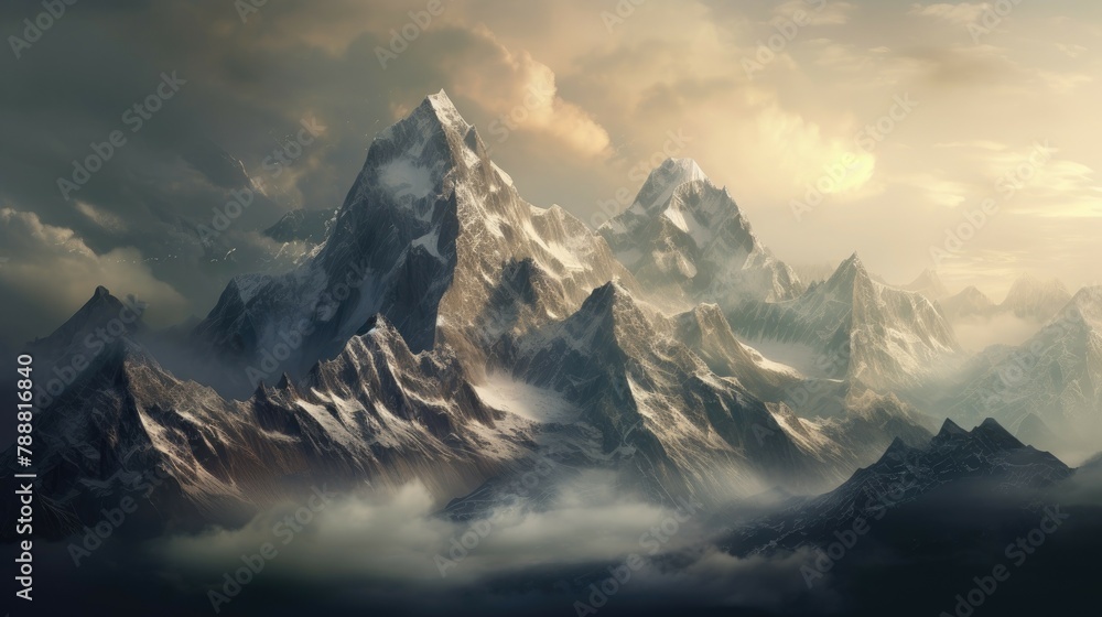 Poster the mountain range is covered in snow and ice. the peaks are sharp and the clouds are swirling aroun