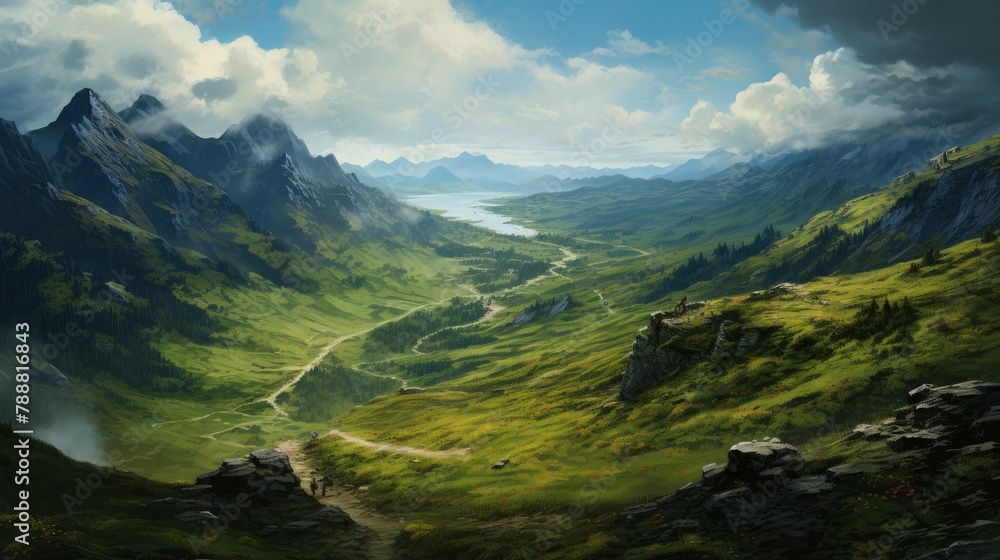 Poster a beautiful landscape image of a valley with a river running through it. there are mountains in the 