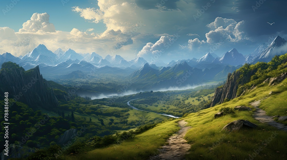 Poster a beautiful landscape image of a valley with a river running through it. there are mountains in the 