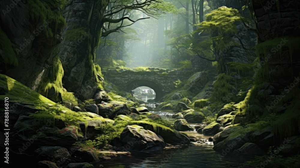 Poster the sun shines through the trees in a magical forest. a stone bridge crosses a river in the foregrou