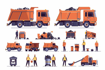 Fototapeta na wymiar Garbage truck and dustmen. Scavengers workers clean the trash can 3D avatars set vector icon, white background, black colour icon
