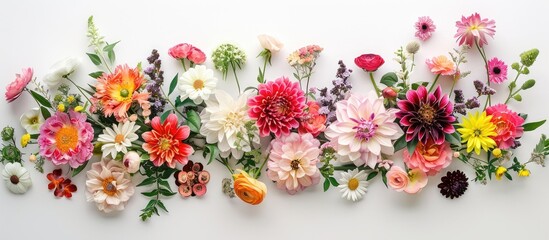 Arrangement of flowers. Circular display created with a variety of colorful flowers against a white backdrop. 