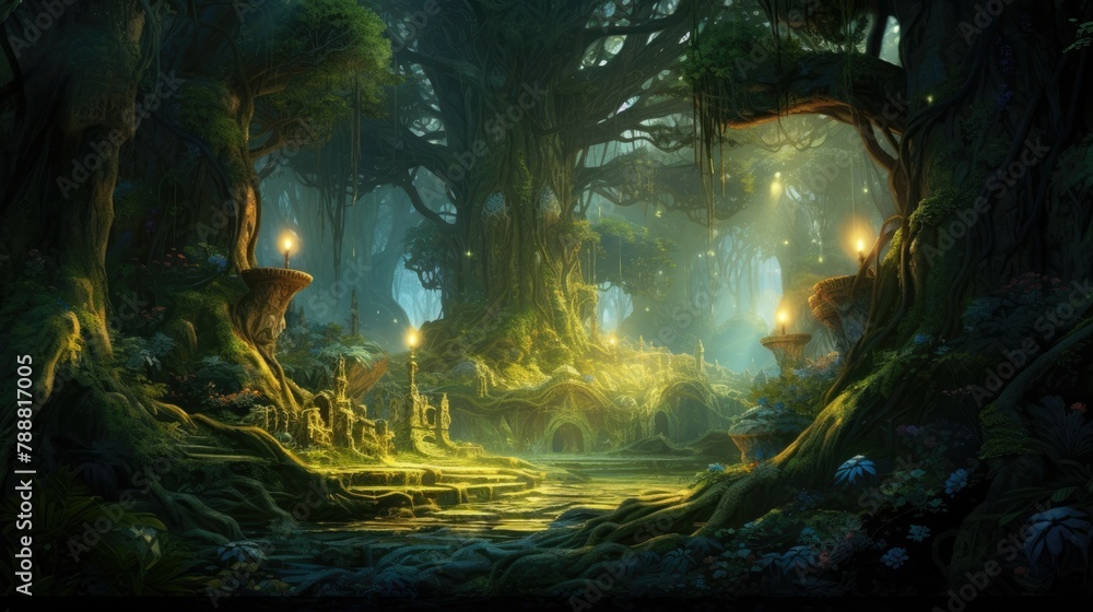 Poster mystical forest with a magical atmosphere. the path leading into the distance is illuminated by the 