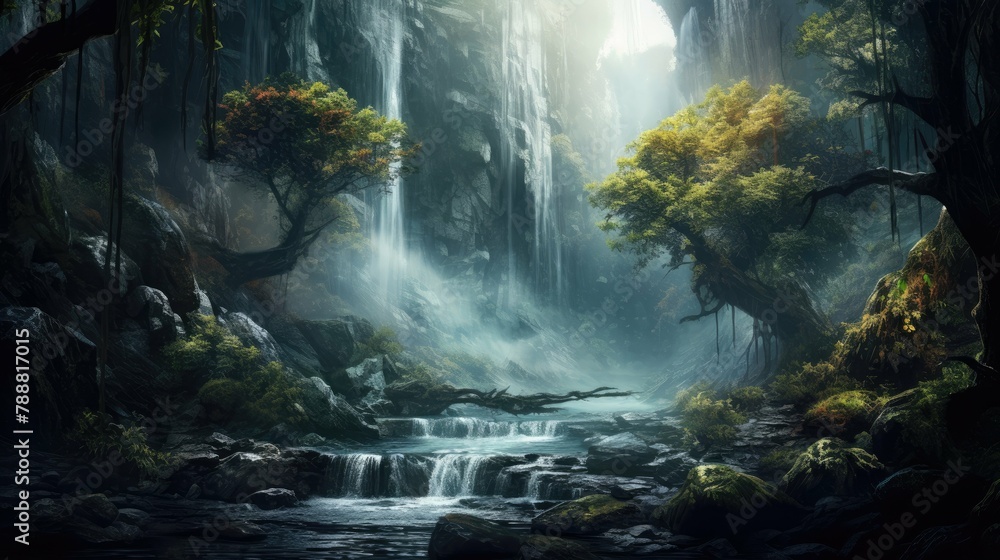 Poster a beautiful landscape with a waterfall and a river running through a forest. the trees are tall and 