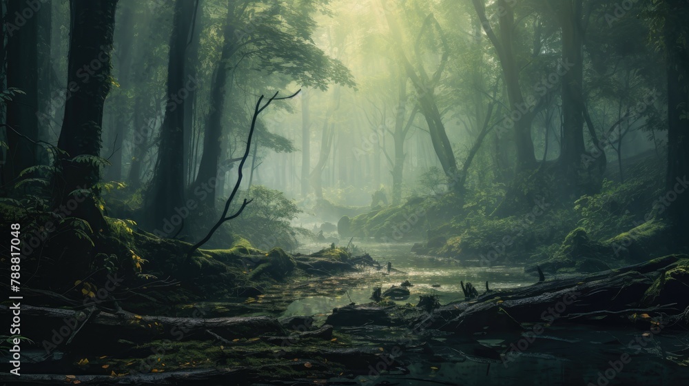 Poster mystical foggy forest with a small river flowing through it. the trees are tall and the branches are
