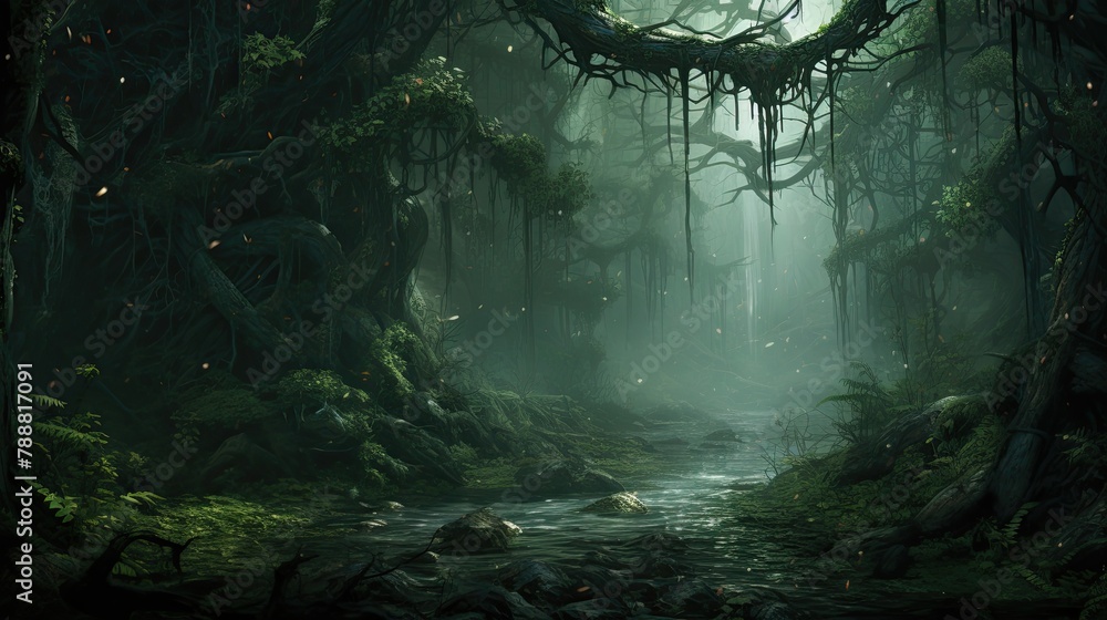 Poster A dark and mysterious forest with a river running through it.