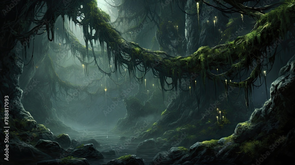 Poster mystical forest with glowing mushrooms. a river flows through the middle of the forest. the trees ar