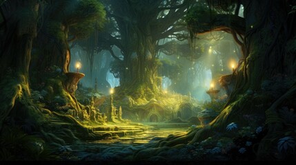 Mystical forest with a magical atmosphere. The path leading into the distance is illuminated by the soft glow of lanterns.