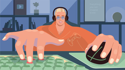 gamer vector stockYoung gamer sit in front of a screen and playing. Wearing headphone. Mouse and keyboard. Vector flat illustration.