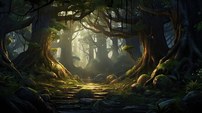 The enchanted forest is a place of mystery and wonder. The trees are tall and the leaves are a lush green.