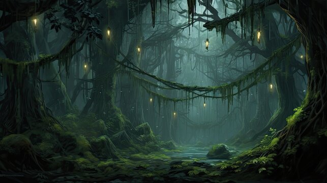 The dark and mysterious forest path is lit by a few lanterns.