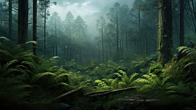 The lush green ferns create a dense understory in this beautiful forest. The towering trees are shrouded in mist, creating a mystical atmosphere.