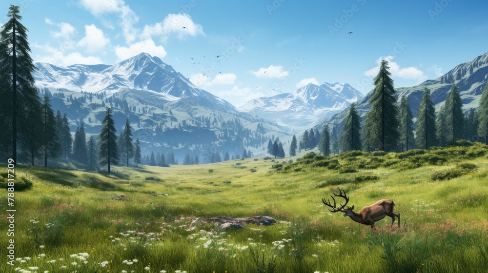 Poster a lush green valley with a river running through it. there are snow-capped mountains in the distance
