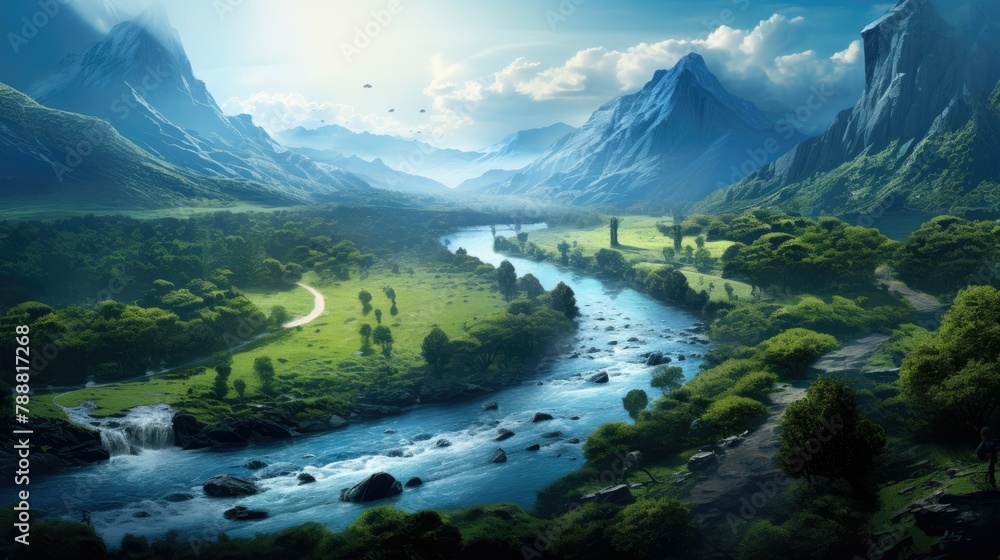 Poster the image is of a beautiful landscape with a river running through it. the river is surrounded by gr