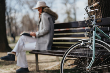Stylish young woman enjoying a sunny day at the park with her vintage bicycle.