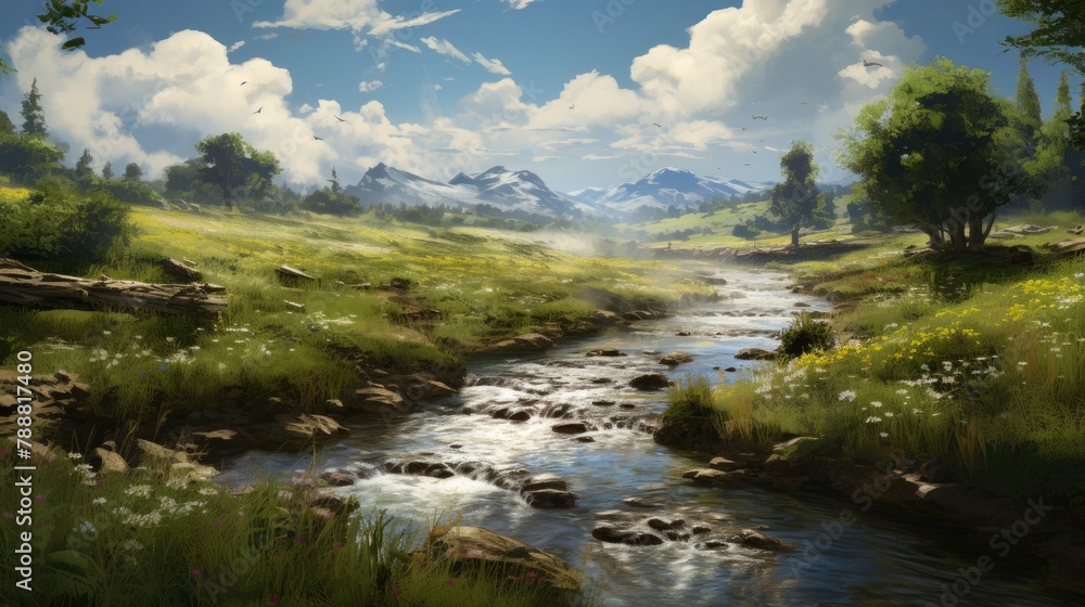 Poster a beautiful landscape with a river running through it.