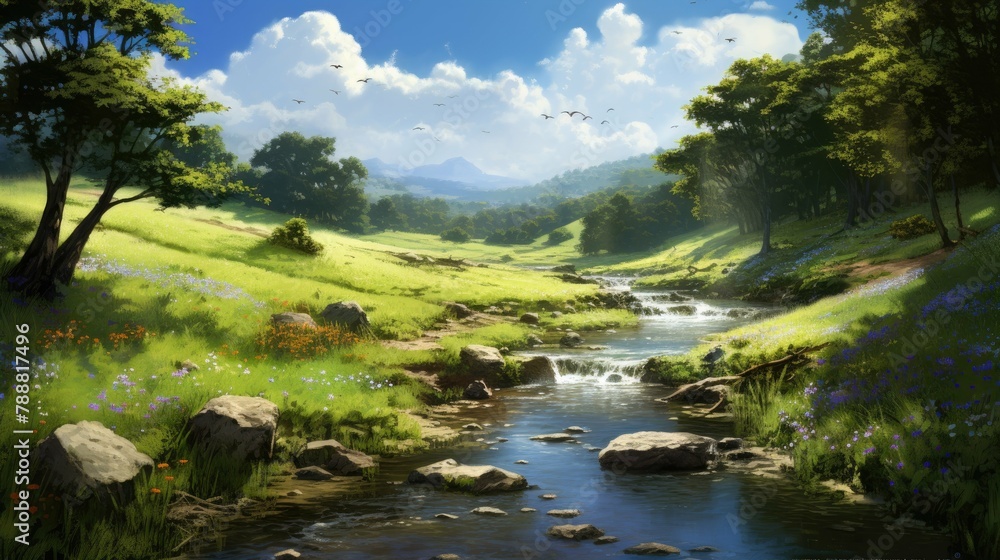 Poster the image is of a beautiful landscape with a river running through it.