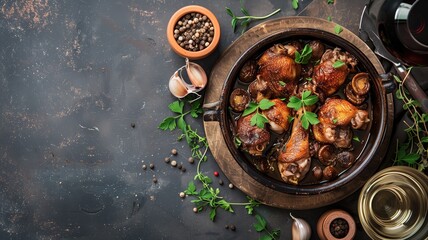 Baked chicken thighs with herbs in rustic ceramic dish, wine, and spices on dark background - obrazy, fototapety, plakaty