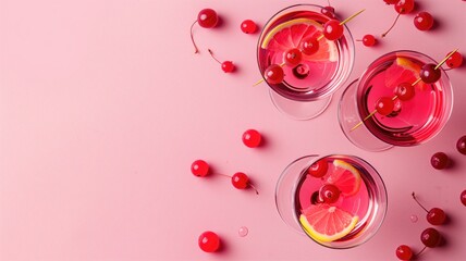 Two glasses with pink beverages and cherries on surface