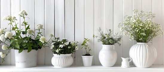 Scandinavian-inspired Decor for Your Home Garden: A White Space with Adorable Small Plant Pots for Flowers. Embracing Home Gardening Passions While at Home.