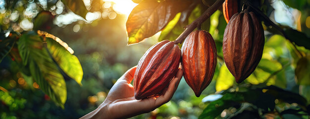 Cacao Pods Cradled in a Farmer's Care. Harvester supports cacao with a gentle touch, amidst the...