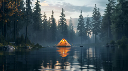 tent in the forest by the water in the morning