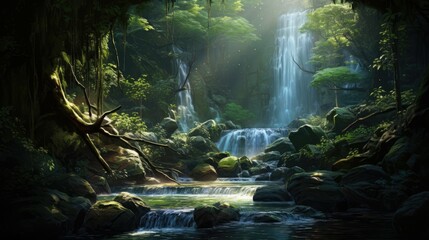 lush green foliage surrounds a cascading waterfall in a vibrant jungle setting, creating a peaceful and serene atmosphere.
