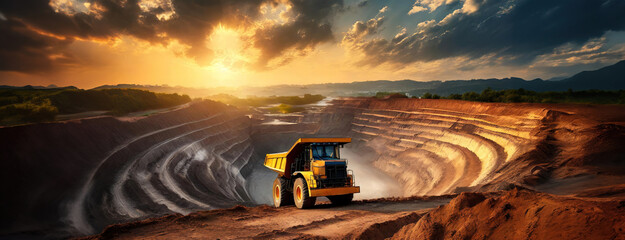 Massive Mining Truck in Open Pit Mine at Sunset. Large vehicle operates within expansive excavation site during golden hour. Panorama with copy space. - obrazy, fototapety, plakaty