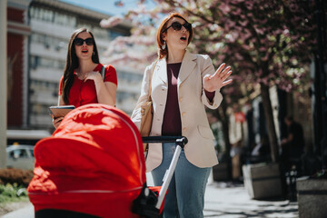 A professional businesswoman multitasking by pushing a baby stroller while discussing and walking on a sunny day in an urban setting.