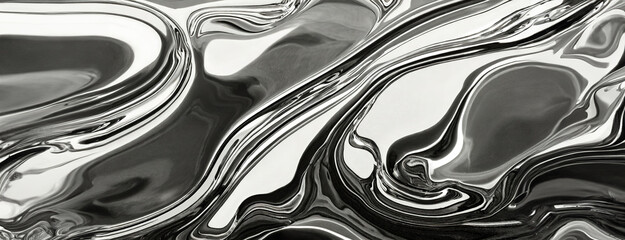 Silver swirls of mercury create an abstract liquid metal pattern. The metallic texture flows elegantly, displaying reflective beauty in a monochrome panorama with copy space.