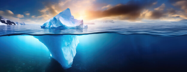 A majestic iceberg glows at sunset in the arctic expanse. The icy landscape basks in the golden hour, offering a stunning panorama with copy space. - obrazy, fototapety, plakaty
