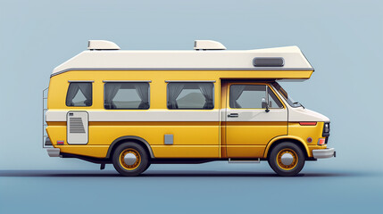 illustrated, side view of classic old camper isolated on blue background. Photo session view