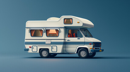 Illustrated classic old camper isolated on blue background. Photo session view