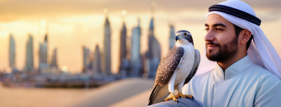 Emirati Man with Peregrine Falcon in Dubai. A smiling male in traditional attire holds a trained bird on his arm with skyscrapers blurred in the distance during sunset.