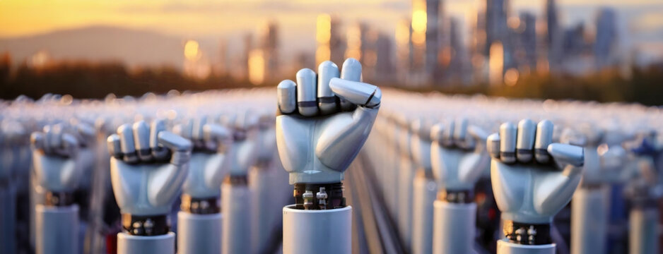 Line of Robotic Arms Raised in Solidarity against Cityscape. A multitude of mechanical limbs exhibits unity in front of an urban horizon. Panorama with copy space.