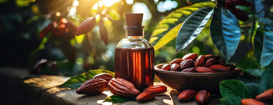 Cocoa Essence Bottle Amidst Nature, Sunlight Filtering Through. Aromatic extract contained in glass beside ripe pods in a verdant setting. Panorama with copy space.