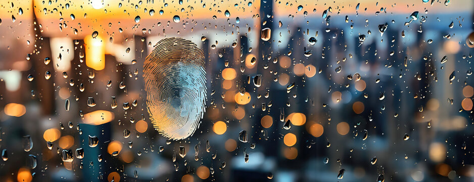 A fingerprint is etched on a window with raindrops, city lights beyond. Unique pattern evidence, identity amidst anonymity.