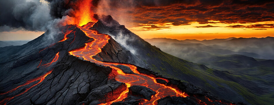 Molten lava flows down a mountain during a dramatic volcanic eruption. The natural power of Earth's geology on display. Fiery rivers carve through rock against a dusk sky. Panorama with copy space.