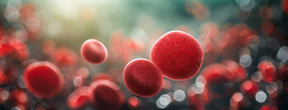 Red blood cells magnified, floating in a luminous backdrop. Microscopic erythrocytes captured in life-sustaining motion.