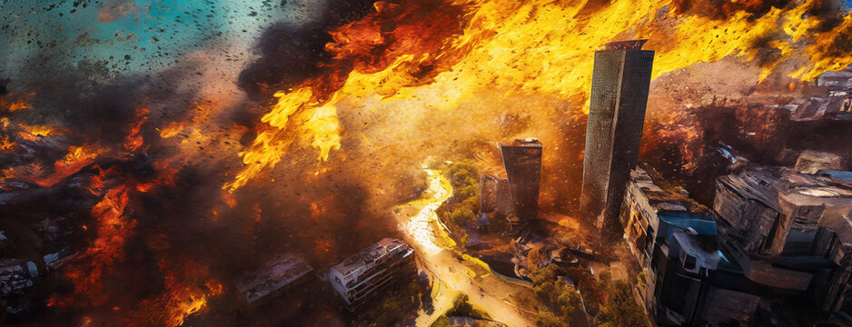 A city ablaze with fire, smoke billowing against a dramatic sky. This apocalyptic scene portrays a devastating urban inferno, with chaos enveloping the buildings.