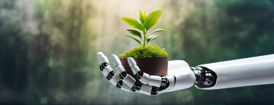 International Day of Forests. A robotic arm tenderly holds a small plant, symbolizing technology and nature. Synthesis of innovation and ecology, an intriguing panorama with copy space.