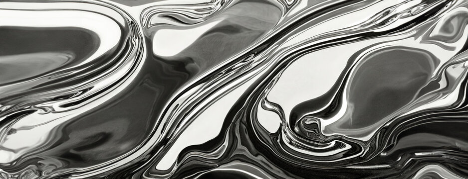Silver swirls of mercury create an abstract liquid metal pattern. The metallic texture flows elegantly, displaying reflective beauty in a monochrome panorama with copy space.