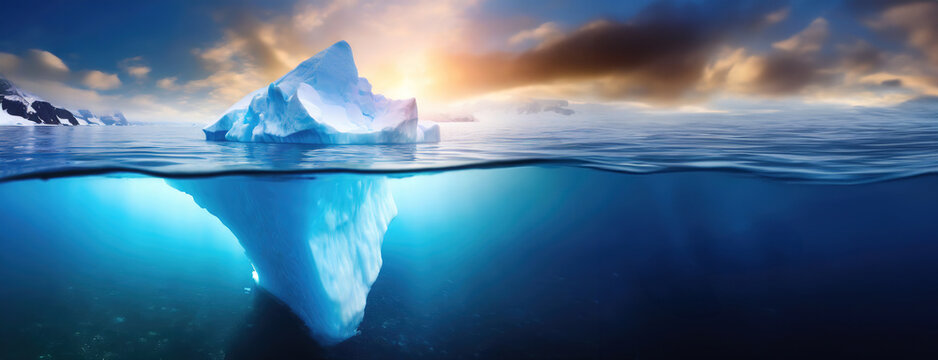 A majestic iceberg glows at sunset in the arctic expanse. The icy landscape basks in the golden hour, offering a stunning panorama with copy space.