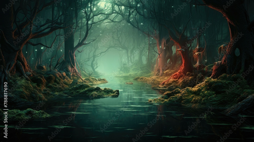 Poster mystical foggy forest with a river flowing through it. the trees are tall and the branches are thick