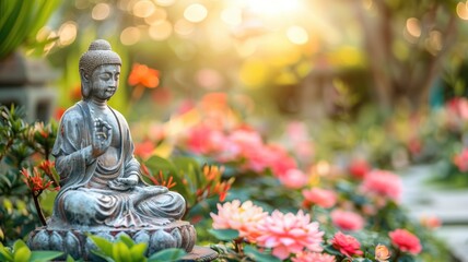 Buddha statue in meditative pose among blooming flowers with soft sunlight