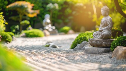 Buddha statues in peaceful Zen garden with sunlight filtering through foliage