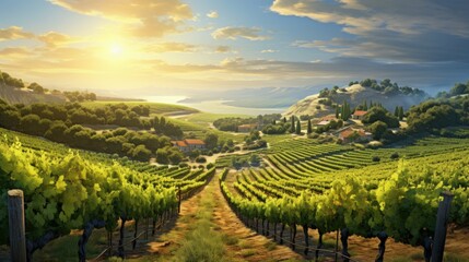 Fototapeta premium A beautiful landscape of a vineyard with a Tuscan feel. The sun is setting over the rolling hills, and the grapes are ripe and ready to be harvested.