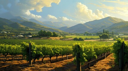 Fototapeta premium Picturesque landscape of endless rows of grape vines in a lush green vineyard.